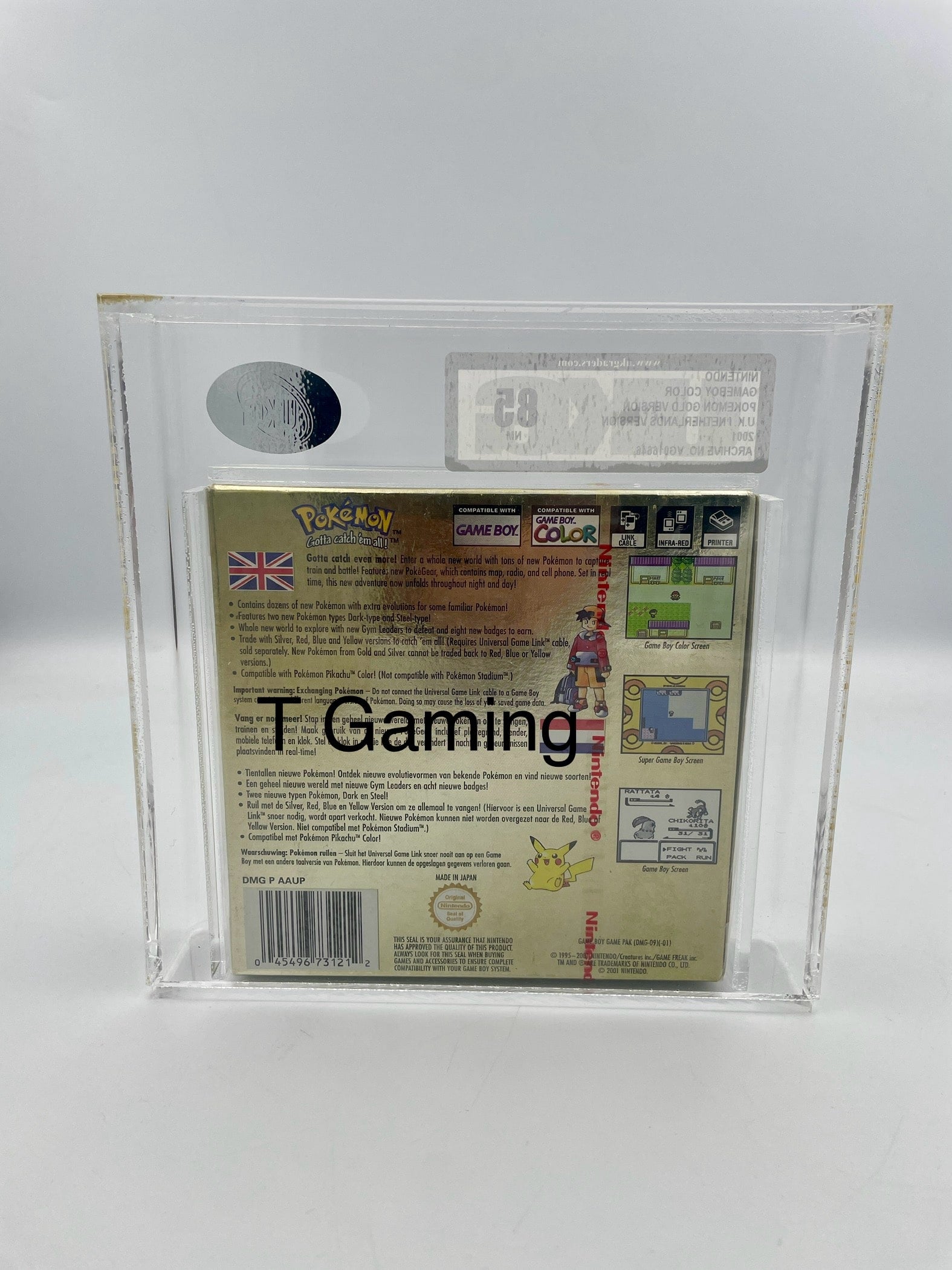 Pokémon trading card in a clear protective case on a white background