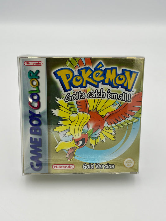 Pokémon Gold Version Game Boy Color packaging with Pokémon logo and bird-like creature illustration.