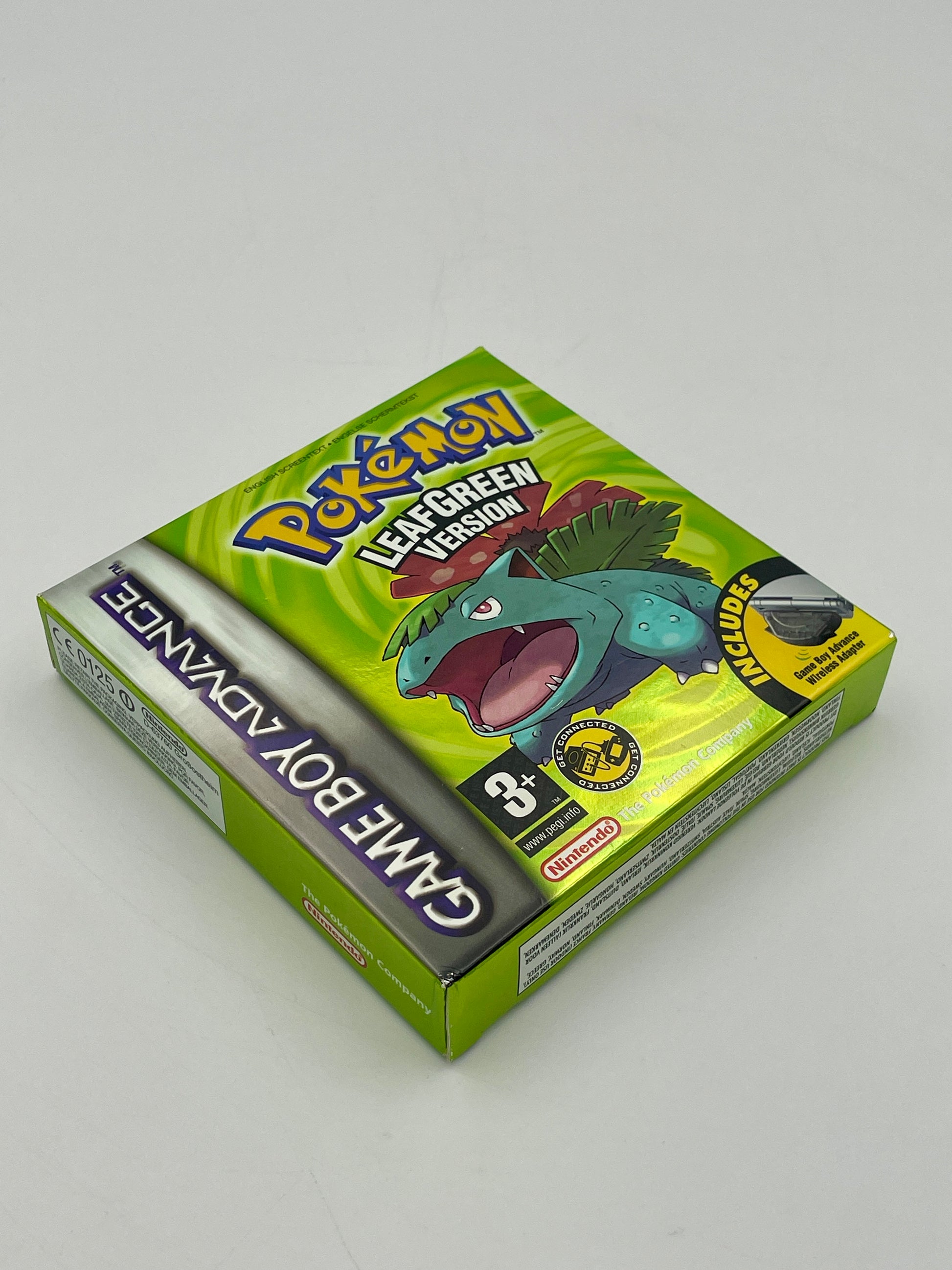 Pokémon Game Boy Advance Leaf Green Version packaging on a light gray background