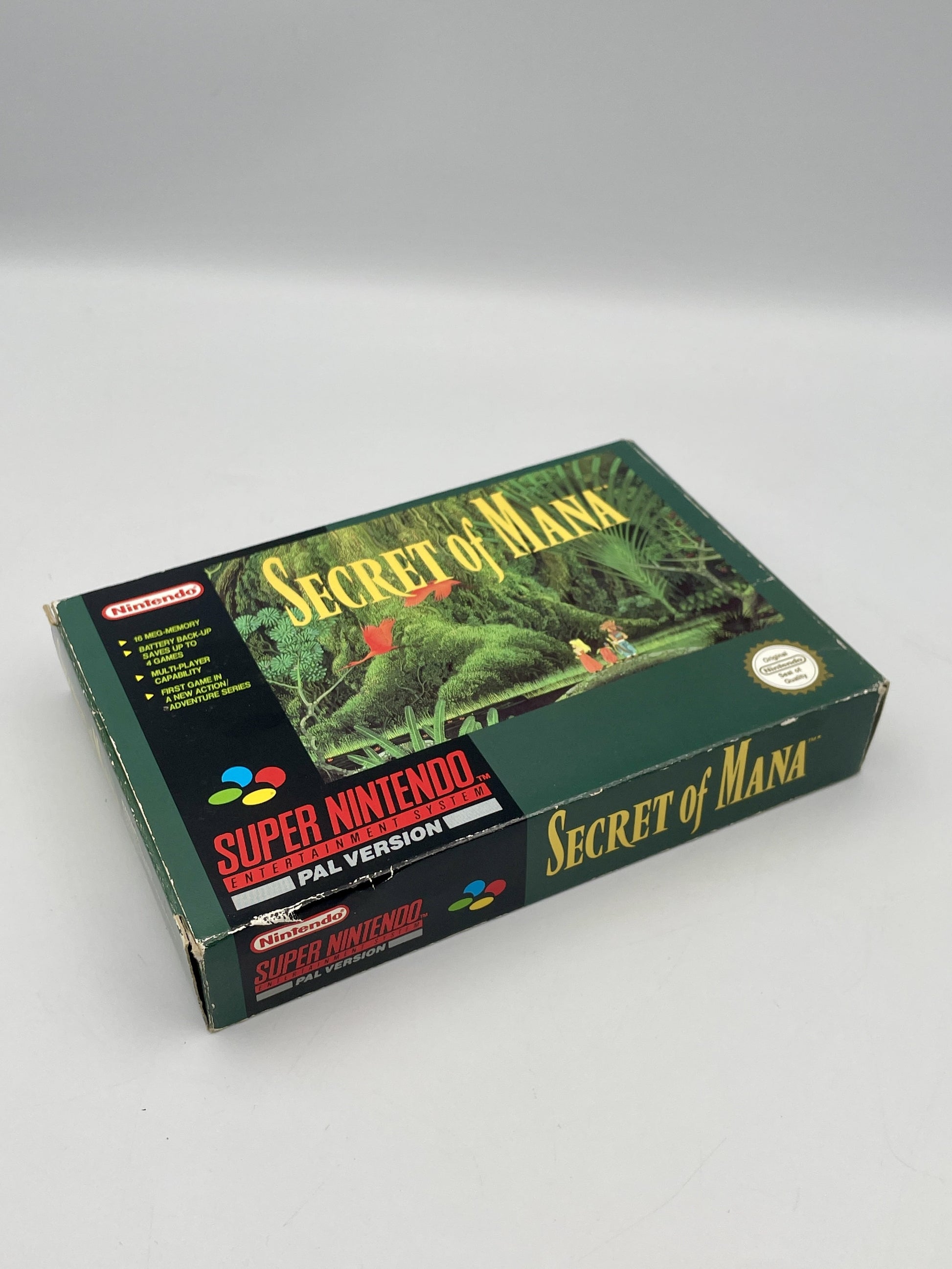 Super Nintendo 'Secret of Mana' game box on a white background