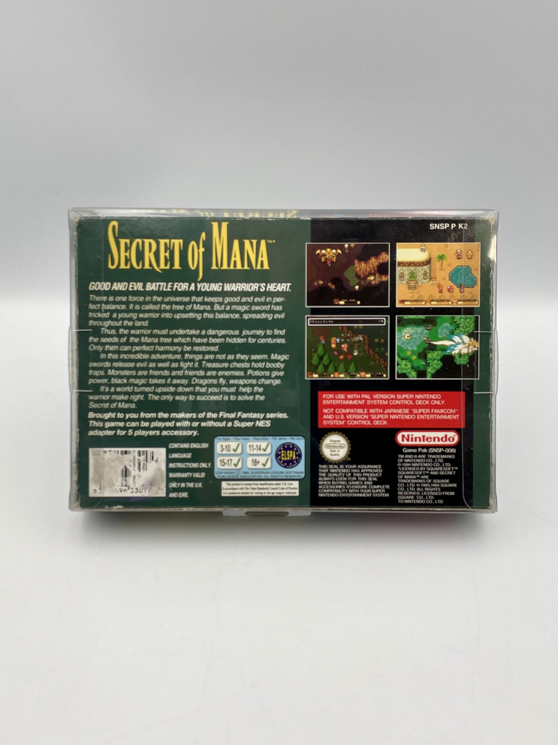 Back of a 'Secret of Mana' game cartridge packaging with text and graphics.